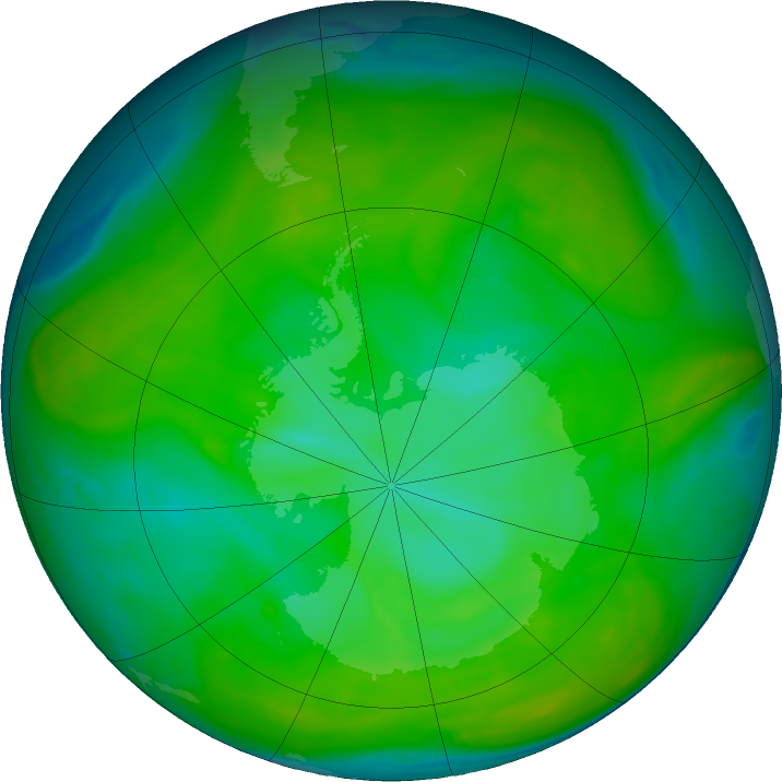 Antarctic ozone map for 15 December 2019